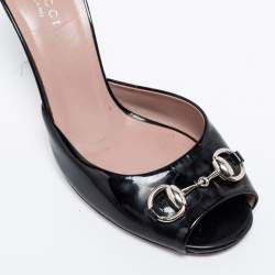 Gucci Black Patent Leather  Horsebit Slide Sandals Size 36
