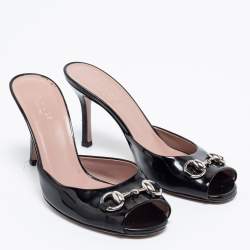 Gucci Black Patent Leather  Horsebit Slide Sandals Size 36