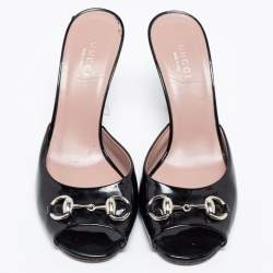 Gucci Black Patent Leather  Horsebit Slide Sandals Size 36