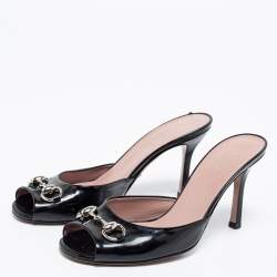 Gucci Black Patent Leather  Horsebit Slide Sandals Size 36