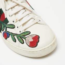 Pre Owned Gucci White Floral Embroidered Leather Ace Low Top Sneakers Size 36.5