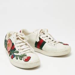 Pre Owned Gucci White Floral Embroidered Leather Ace Low Top Sneakers Size 36.5