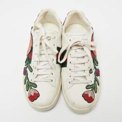 Pre Owned Gucci White Floral Embroidered Leather Ace Low Top Sneakers Size 36.5