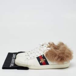 Gucci White Leather and Fur Ace Embroidered Bee Low Top Sneakers Size 40.5