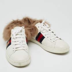 Gucci White Leather and Fur Ace Embroidered Bee Low Top Sneakers Size 40.5