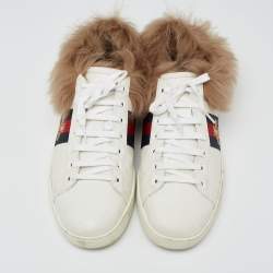 Gucci White Leather and Fur Ace Embroidered Bee Low Top Sneakers Size 40.5