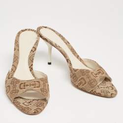 Gucci Beige/Brown Horsebit Print Canvas Slide Sandals Size 37