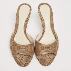 Gucci Beige/Brown Horsebit Print Canvas Slide Sandals Size 37