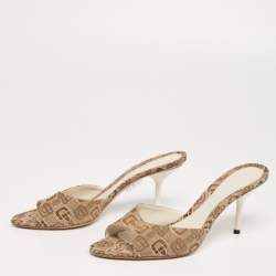Gucci Beige/Brown Horsebit Print Canvas Slide Sandals Size 37