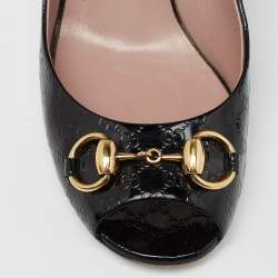Pre Owned Gucci Black Guccissima Patent Leather Horsebit Peep-Toe Pumps Size 37