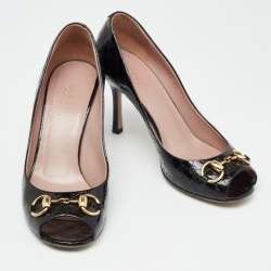 Pre Owned Gucci Black Guccissima Patent Leather Horsebit Peep-Toe Pumps Size 37