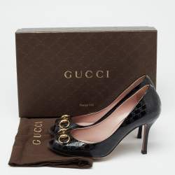 Pre Owned Gucci Black Guccissima Patent Leather Horsebit Peep-Toe Pumps Size 37