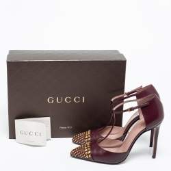 Pre Owned Gucci Burgundy Leather Studded Cap-Toe T-Strap Pumps Size 39