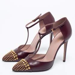 Pre Owned Gucci Burgundy Leather Studded Cap-Toe T-Strap Pumps Size 39