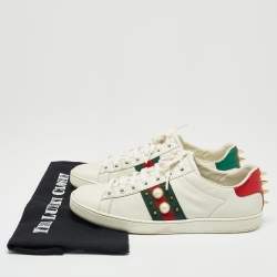 Gucci White Leather And Python Embossed Leather Web Detail Ace Pearl Spike Low Top Sneakers Size 38