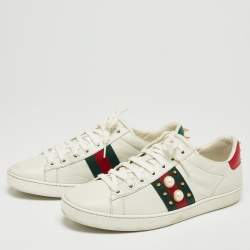 Gucci White Leather And Python Embossed Leather Web Detail Ace Pearl Spike Low Top Sneakers Size 38