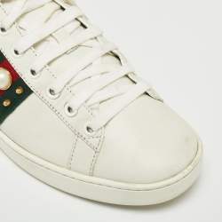 Gucci White Leather And Python Embossed Leather Web Detail Ace Pearl Spike Low Top Sneakers Size 38