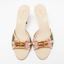 Pre Owned صندل سلايدغوتشي بامبو هورسبيت جلد وكانفاس متعدد الألوان مقاس 37