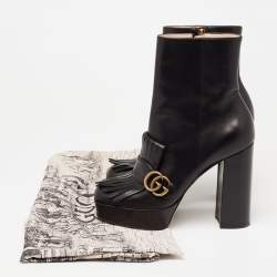 Pre Owned Gucci Black Leather GG Marmont Fringe Ankle Boots Size 40 