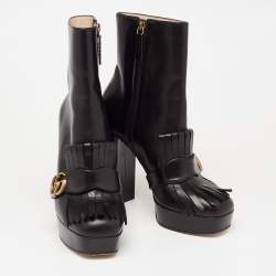Pre Owned Gucci Black Leather GG Marmont Fringe Ankle Boots Size 40 