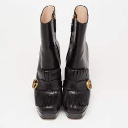 Pre Owned Gucci Black Leather GG Marmont Fringe Ankle Boots Size 40 