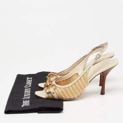 Gucci Grey/Beige Raffia And Leather Bamboo Horsebit Slingback Sandals Size 36.5