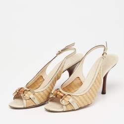 Gucci Grey/Beige Raffia And Leather Bamboo Horsebit Slingback Sandals Size 36.5