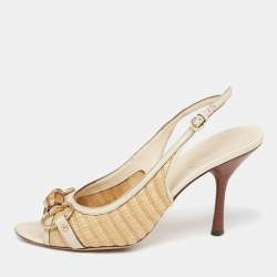 Gucci Grey/Beige Raffia And Leather Bamboo Horsebit Slingback Sandals Size 36.5