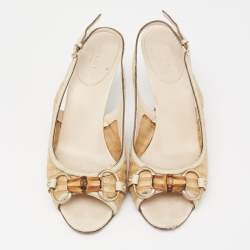 Gucci Grey/Beige Raffia And Leather Bamboo Horsebit Slingback Sandals Size 36.5