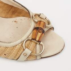 Gucci Grey/Beige Raffia And Leather Bamboo Horsebit Slingback Sandals Size 36.5