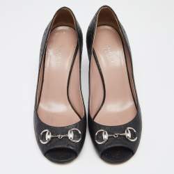 مملوكة مسبقًا حذاء كعب عالي غوتشي نيوهوليوود هورسبيت جلد غوتشيسيما أسود بمقدمة مفتوحة مقاس 35.5