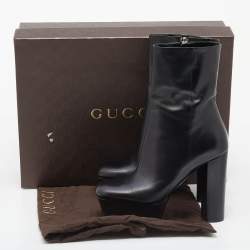 Pre Owned Gucci Black Malaga Leather Platform Block Heel Mid Calf Boots Size 40