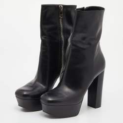 Pre Owned Gucci Black Malaga Leather Platform Block Heel Mid Calf Boots Size 40