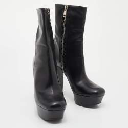 Pre Owned Gucci Black Malaga Leather Platform Block Heel Mid Calf Boots Size 40