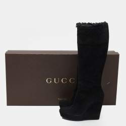 Pre Owned Gucci Black Microguccissima Suede And Fur Courtney Platform Wedge Knee High Boots Size 39.5
