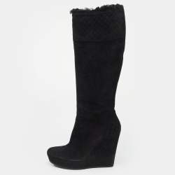 Pre Owned Gucci Black Microguccissima Suede And Fur Courtney Platform Wedge Knee High Boots Size 39.5