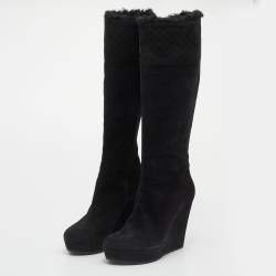 Pre Owned Gucci Black Microguccissima Suede And Fur Courtney Platform Wedge Knee High Boots Size 39.5