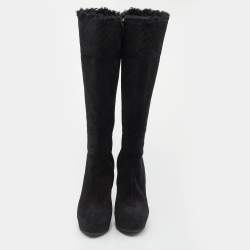 Pre Owned Gucci Black Microguccissima Suede And Fur Courtney Platform Wedge Knee High Boots Size 39.5
