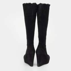 Pre Owned Gucci Black Microguccissima Suede And Fur Courtney Platform Wedge Knee High Boots Size 39.5