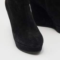 Pre Owned Gucci Black Microguccissima Suede And Fur Courtney Platform Wedge Knee High Boots Size 39.5