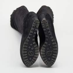 Pre Owned Gucci Black Microguccissima Suede And Fur Courtney Platform Wedge Knee High Boots Size 39.5