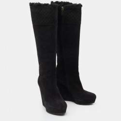 Pre Owned Gucci Black Microguccissima Suede And Fur Courtney Platform Wedge Knee High Boots Size 39.5