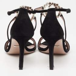 Pre Owned صندل غوتشي جي جي سويدي أسود مزخرف كريستال بحزام للكاحل مقاس 36.5