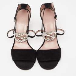 Pre Owned صندل غوتشي جي جي سويدي أسود مزخرف كريستال بحزام للكاحل مقاس 36.5