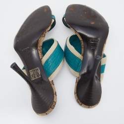 Gucci Turquoise Blue/Off White Leather And Web Tape Slide Sandals Size 36