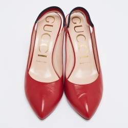 Pre Owned Gucci Red Leather Sylvie Web Slingback Pumps Size 37.5