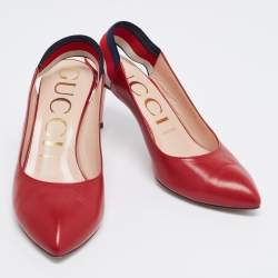 Pre Owned Gucci Red Leather Sylvie Web Slingback Pumps Size 37.5