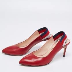 Pre Owned Gucci Red Leather Sylvie Web Slingback Pumps Size 37.5