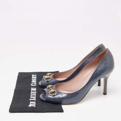 مملوكة مسبقًا حذاء كعب عالي غوتشي هورسبيت جلد غوتشيسيما سبراوس أزرق مقدمة مفتوحة مقاس 40