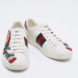 مملوكة مسبقًا Gucci White Floral Embroidered Leather Ace Low Top Sneakers Size 37